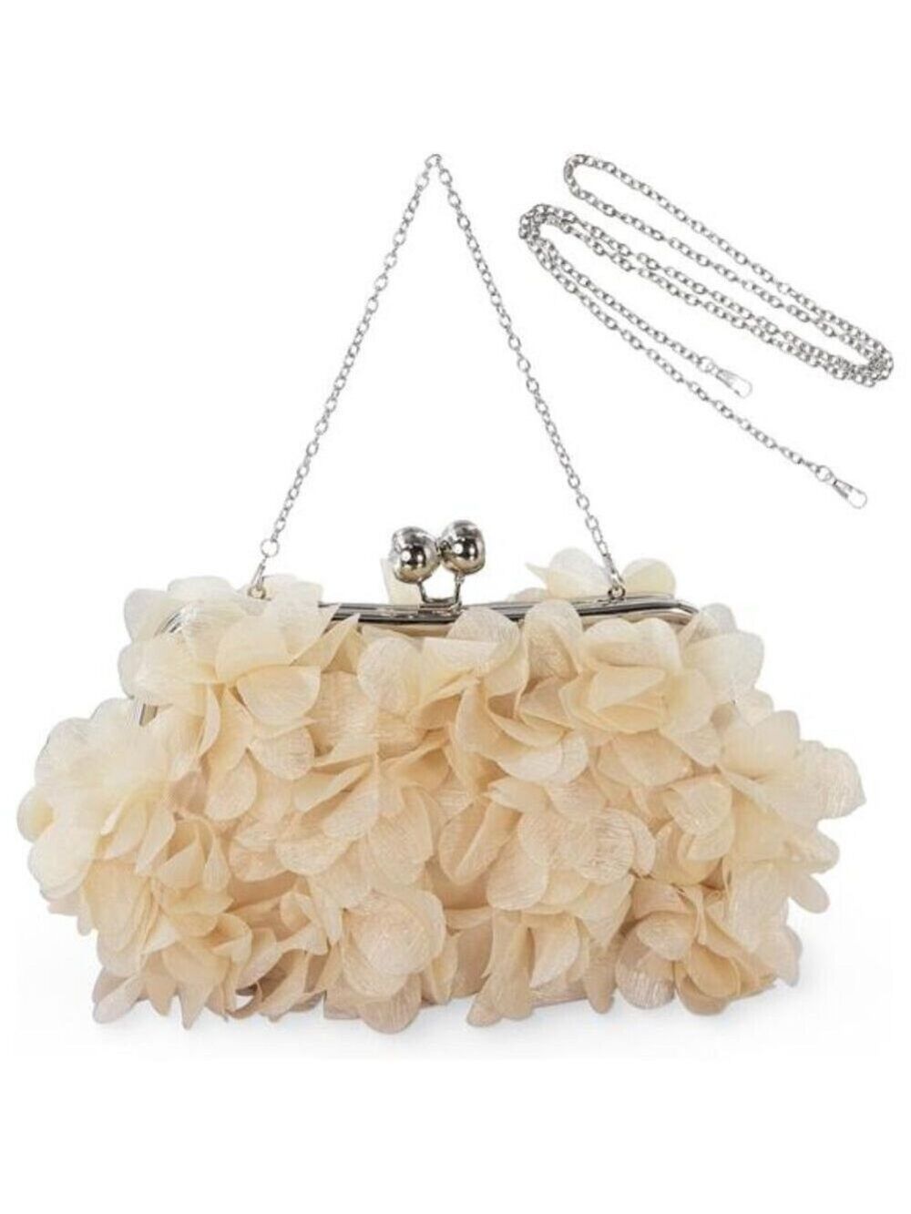 Elegant Champagne Evening Purse Small Floral Clutch Bag Detachable Chain Strap